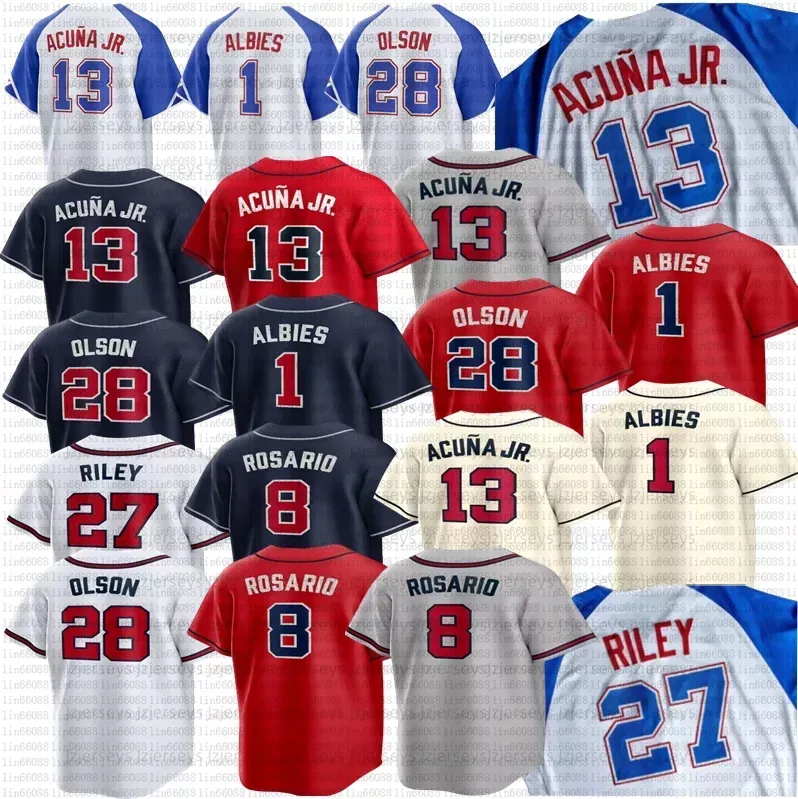 Kids Womens 13 Ronald Acuna Jr. 27 Austin Riley Baseball Jersey Men Matt Olson Harris II Spencer Strider Ozzie Albies Jones Eddie Rosario Max Fried Baseball Shirt