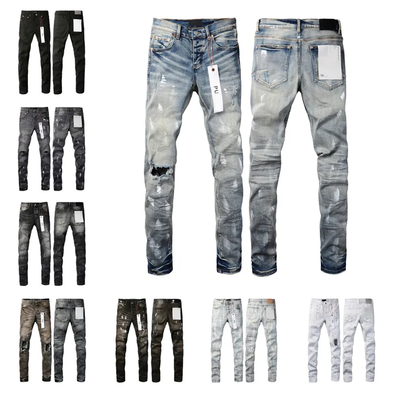 Mens Roxo Jeans Designer Moda Angustiado Rasgado Motociclistas Mulheres Rasgado High Street Marca Patch Buraco Denim Carga Para Homens Calças Pretas 29-40