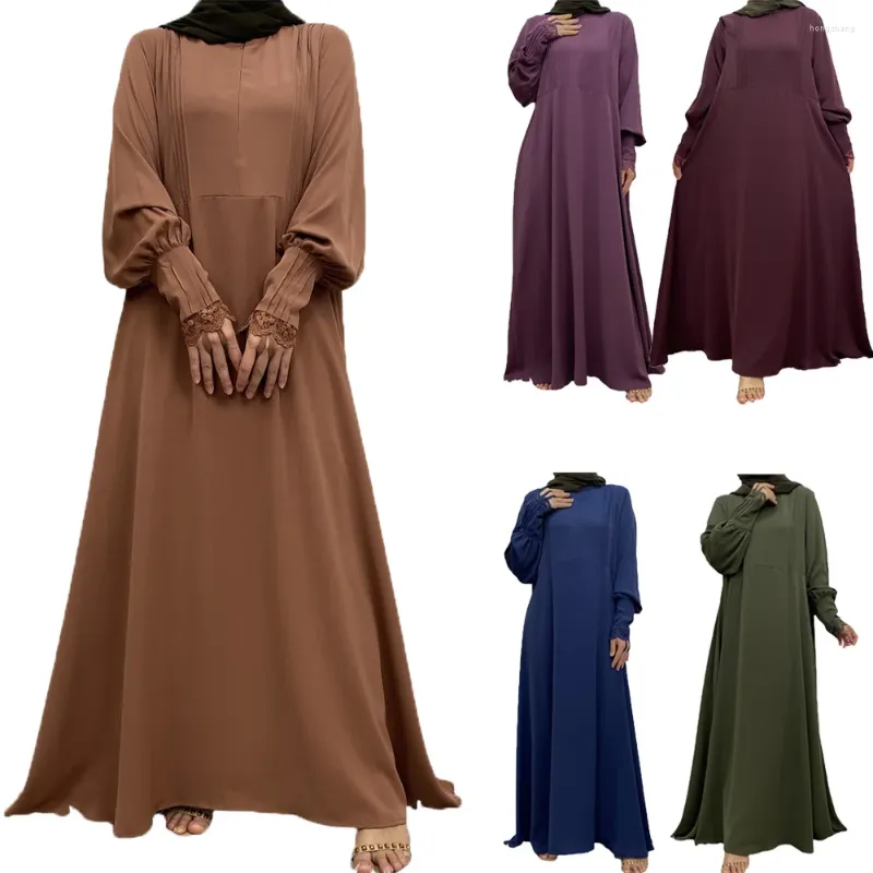 Abbigliamento etnico 2024 Donne musulmane Abaya Manica lunga con pizzo Abito con cerniera frontale Dubai Caftano Eid Party Turchia Abito arabo Abiti Preghiera