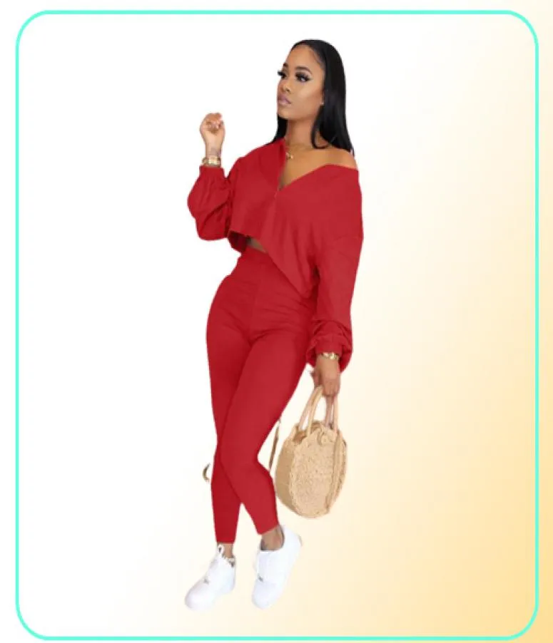 Women039s Two Piece Pants Fashion Casual 2 Set Womens Outfits V Neck Solid Color Zipper Design Plus Size Fall 2021 Pantalones 7079665