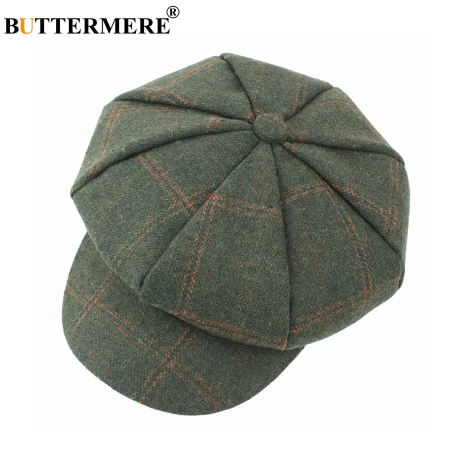 BUTTERMERE femmes laine Tweed casquettes sboy femme mâle Vintage armée vert Plaid plat printemps peintres Cabbie bec de canard chapeau 2024 231226