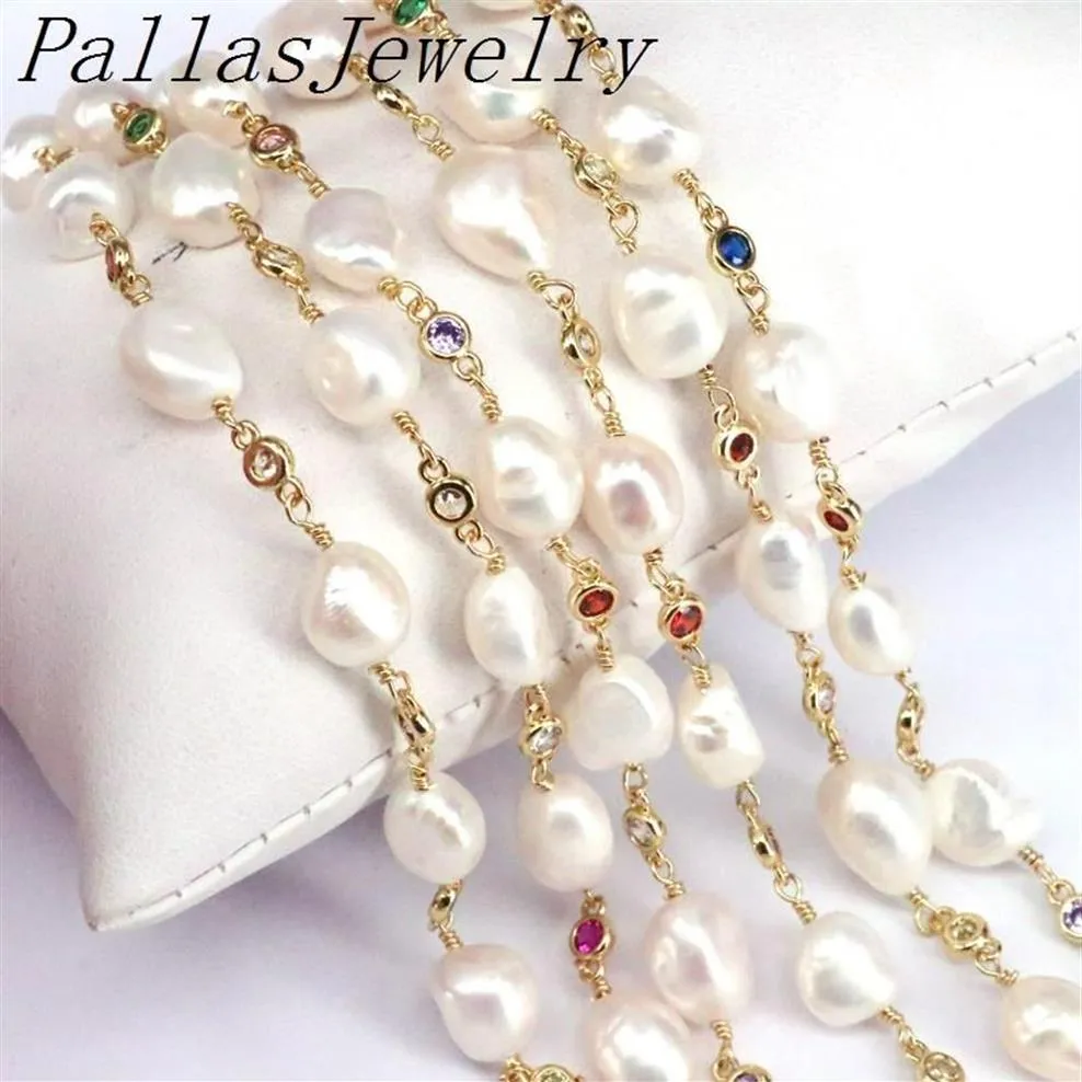 Mètres Est perle d'eau douce naturelle colorée chaîne CZ perles de chapelet remplies d'or pour collier Bracelet Chains259I