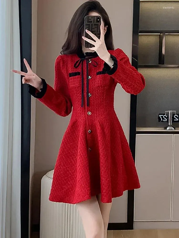 Vestidos Casuales Rojo Elegante Arco Con Volantes Collar Mini Vestido De Linea Para Mujeres 2023 Coreano Chic Festival Otono Invierno Moda Bodycon De 36 34 DHgate