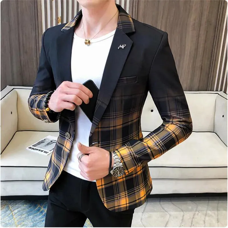 Bahar Erkek Ekose Blazer Fashion Business Sıradan Suit Ceket Büyük Boy Boyut Düğün Kulübü Elbise 231227