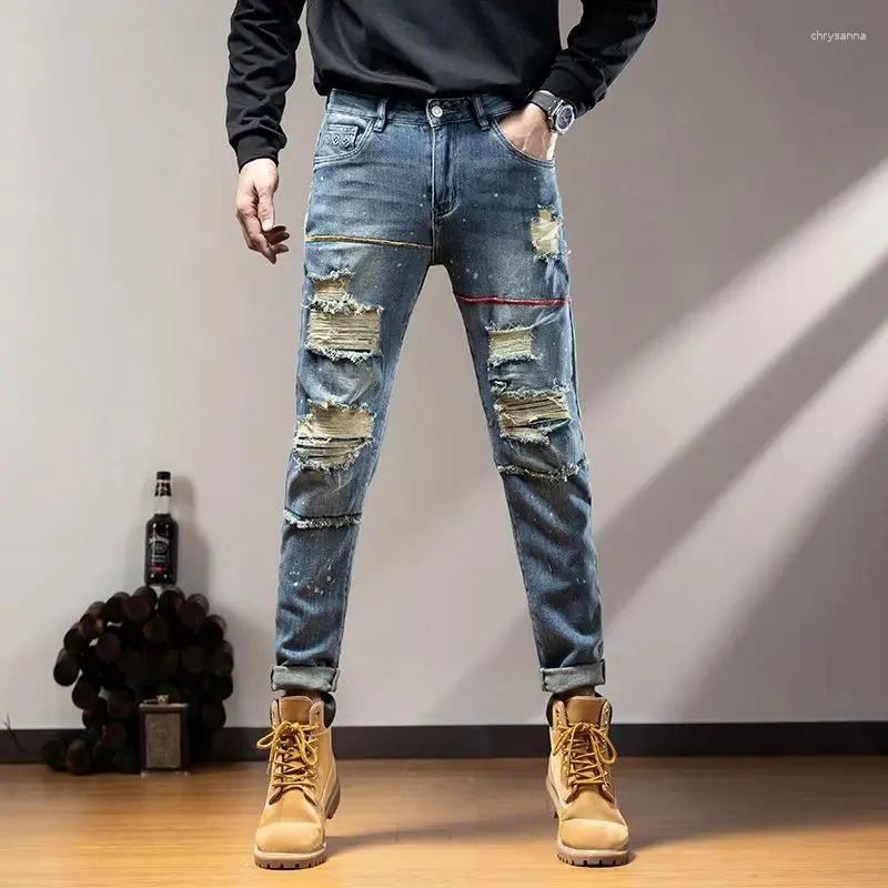 Men's Jeans Autumn And Winter Distressed Slim Fit Small Leg Long Pants Denim Personalized Ripped Skinny Men