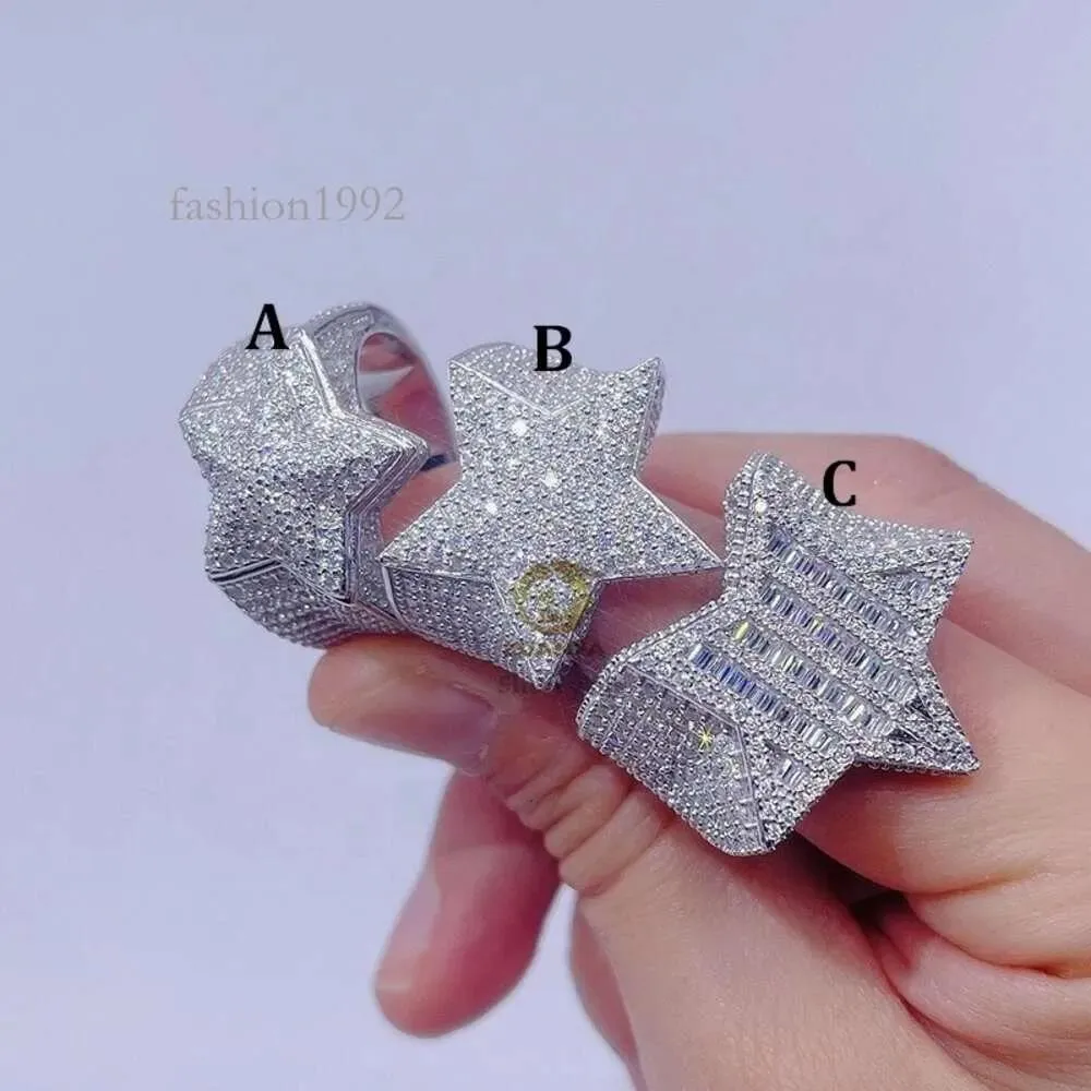 Stones Sterling Sier White Gold Plated Iced Out Hip Hop Men Fashion Vvs Moissanite Star Ring