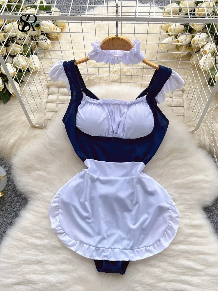 Singreiny kvinnlig underkläder korsett bodysuit kostym sommaren erotisk smal rygglös rompers mode maid cosplay club sexiga playsuits set 231226