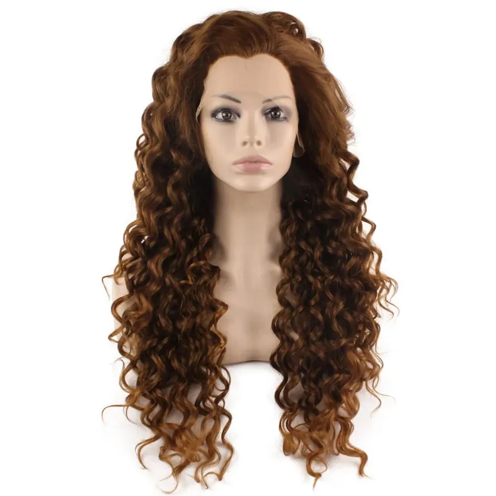 Wigs 26" Extra Long Curly Wig Brown Blonde Heat Friendly Synthetic Hair Lace Front Party Wig