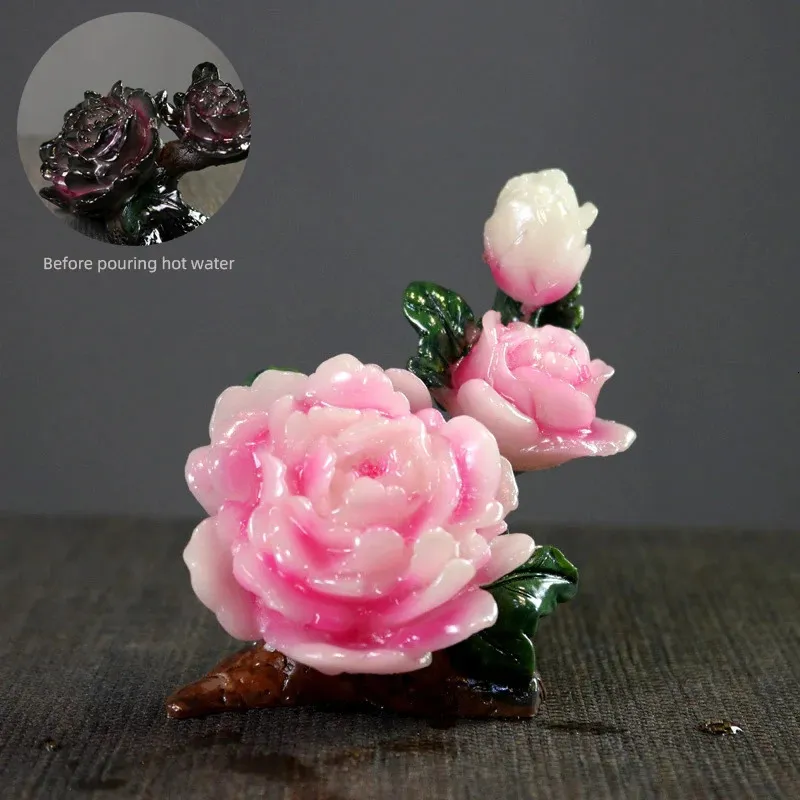 Creative Peony Color Changing Tea Pet Lucky Resin Tea Figurine Tea Set Decoration 231226