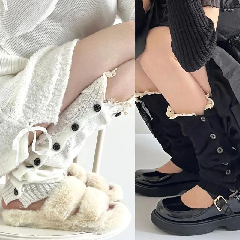 Women Socks Footless Boot Cuff Stockings Side Button Ruffle Lace Trim Knit 37JB