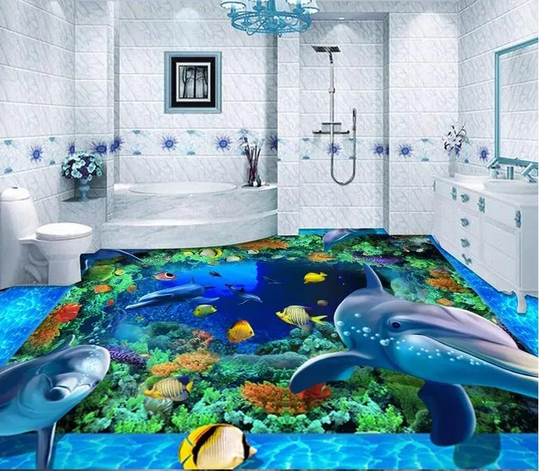 Sfondi pavimenti in vinile bagno Mondo sottomarino Piastrelle 3D delfino pavimento dipinto tridimensionale sfondo muro