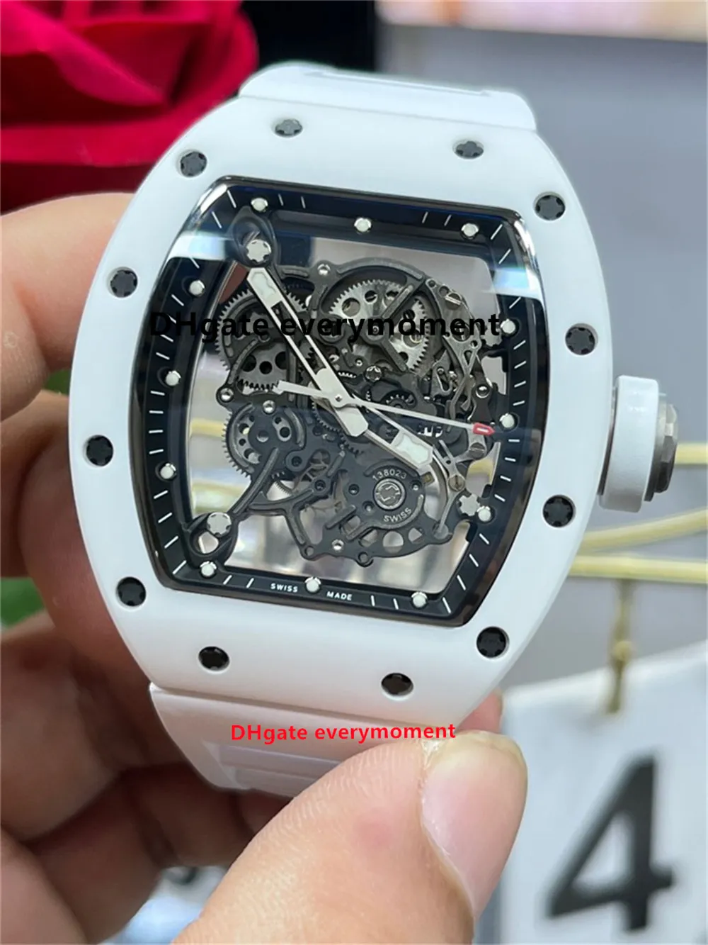 BBR Factory Super Quality White Ceramic Watch RM055 Hollow Automatic Mechanical Men's Watches Rubber Band Waterproof Transparent Wristwatches-42