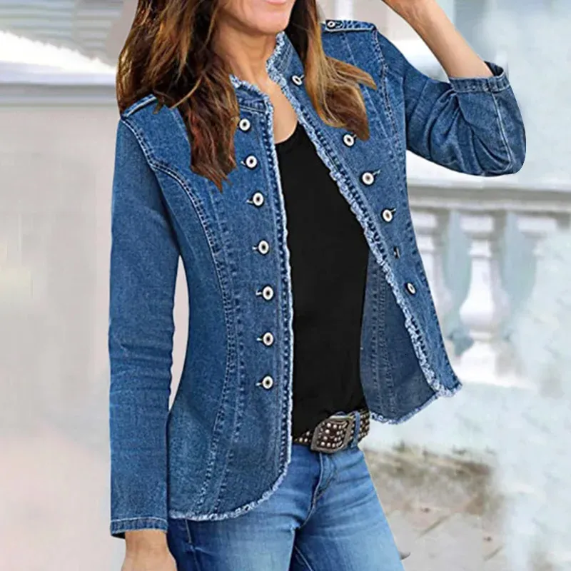 Casual Women's Denim Jacket 2023 Spring Retro Blue LongSleeve Washed Cardigan Stand Neck Fashion Woman 231227