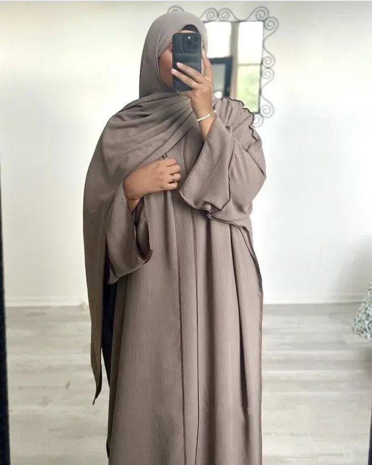 Abbigliamento etnico Set Abaya a tre pezzi con cintura Hijab Kimono in crepe senza maniche sotto il vestito Eid Ramadan Donne musulmane Dubai Caftano islamico