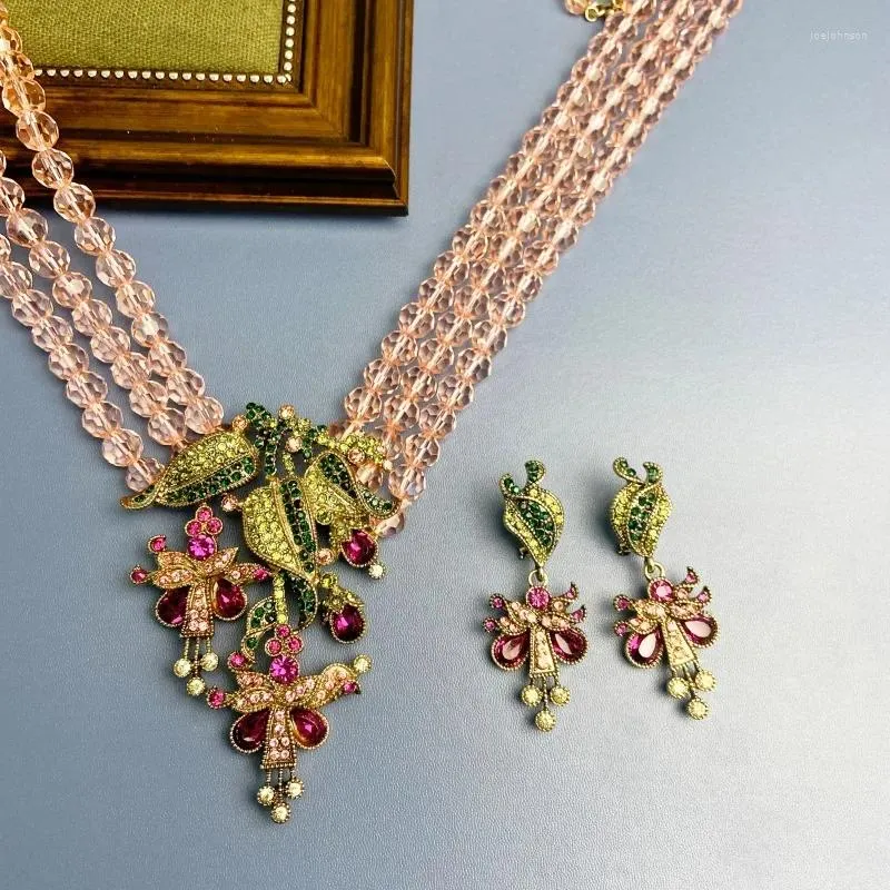 Necklace Earrings Set Vintage Rhinestone Pink Crystal Woven Flowers 2024 Trend Jewelry