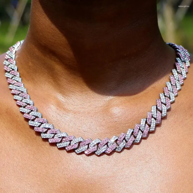 Chains Hip Hop Bling Paved Pink Rhinestone Cuban Chain Necklace For Women Iced Out 2 Row Crystal Prong Choker Jewelry