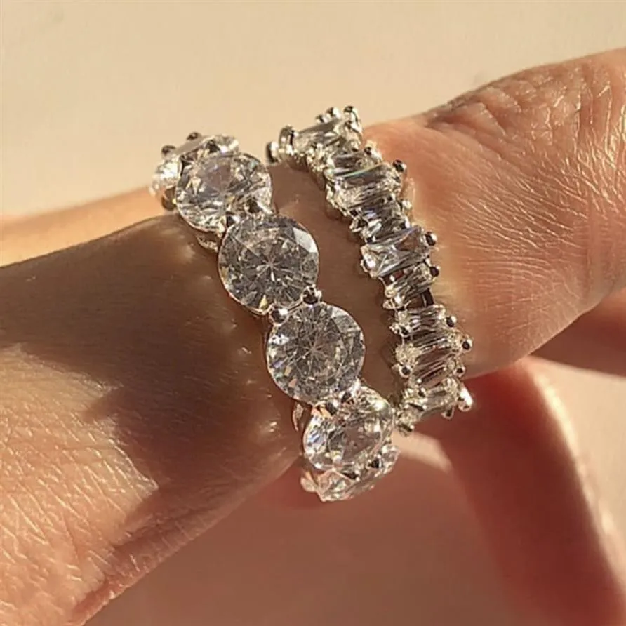 Band Rings Finger 925 Silver Pave Seting Full Diamond Eternity Engagement Wedding Ring Set Fine Jewelry hela storlek 5-12235F