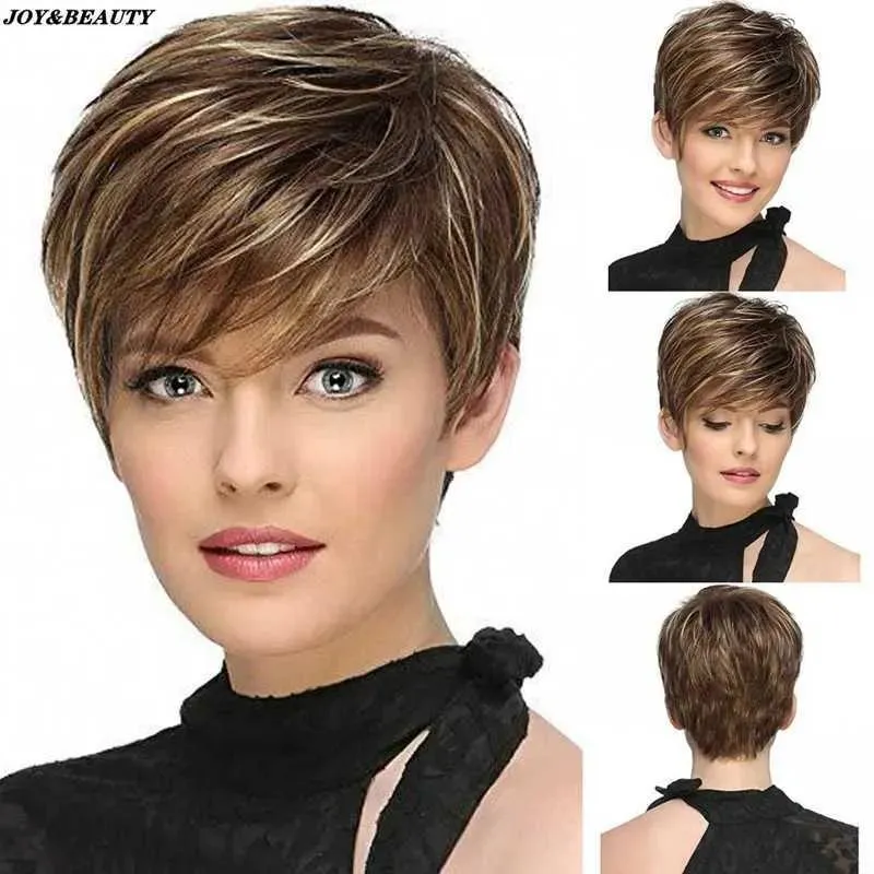 Perruques Lace Wigs JOY BEAUTY perruque synthétique courte et lisse pour femmes, perruques avec frange, perruque brune naturelle mélangée, usage quotidien, fibre résistante à la chaleur