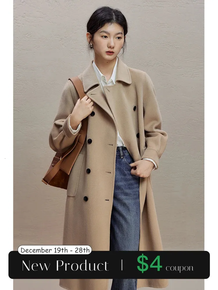 Ziqiao Classic Style Double-Sided Cashmere Wool Coat for Women Winter Double-Breasted High-End Mid-Längd Woolen Coats 231227