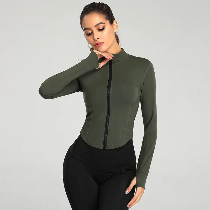 Camicie attive Donna Zip intera Top da yoga Allenamento da corsa Giacche con fori per i pollici Top corto aderente a maniche lunghe elasticizzato Abbigliamento sportivo