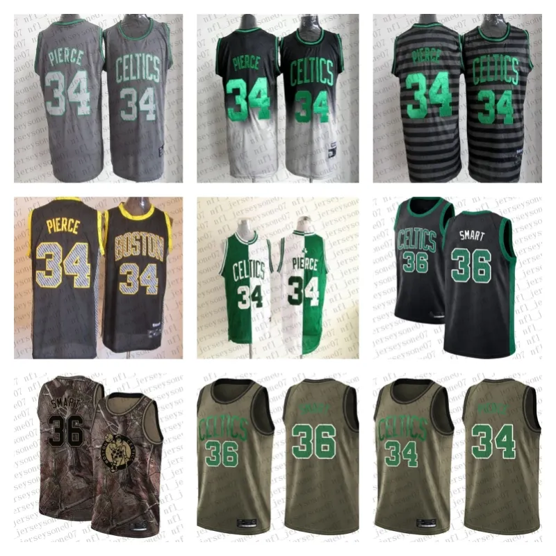 커스텀 멘스 여성 청소년 어린이 보스턴의 '셀틱스''34 Paul''Pierce 36 Marcus''smart Green Camo Black White Red Retro Basketball Jersey