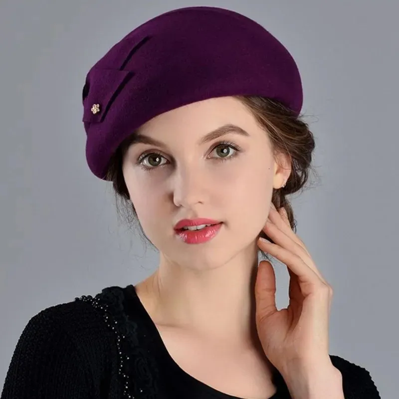 Franska basker Caps for Women Fashion 100 Wool Felt Fedora Hat Winter Blue Purple Red Church Female Vintage Cloche Hats 231226