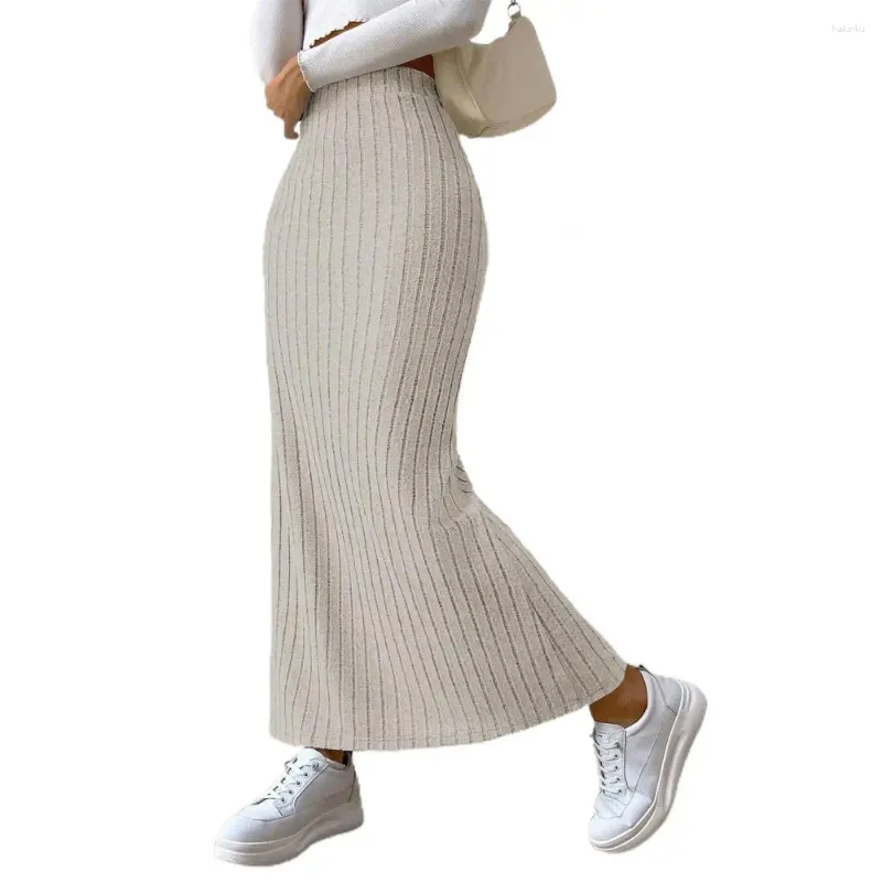 Jupes Style de banlieue jupe couleur unie longue rayée taille haute tricoté Maxi pour les femmes épais chaud cheville longueur coupe ajustée