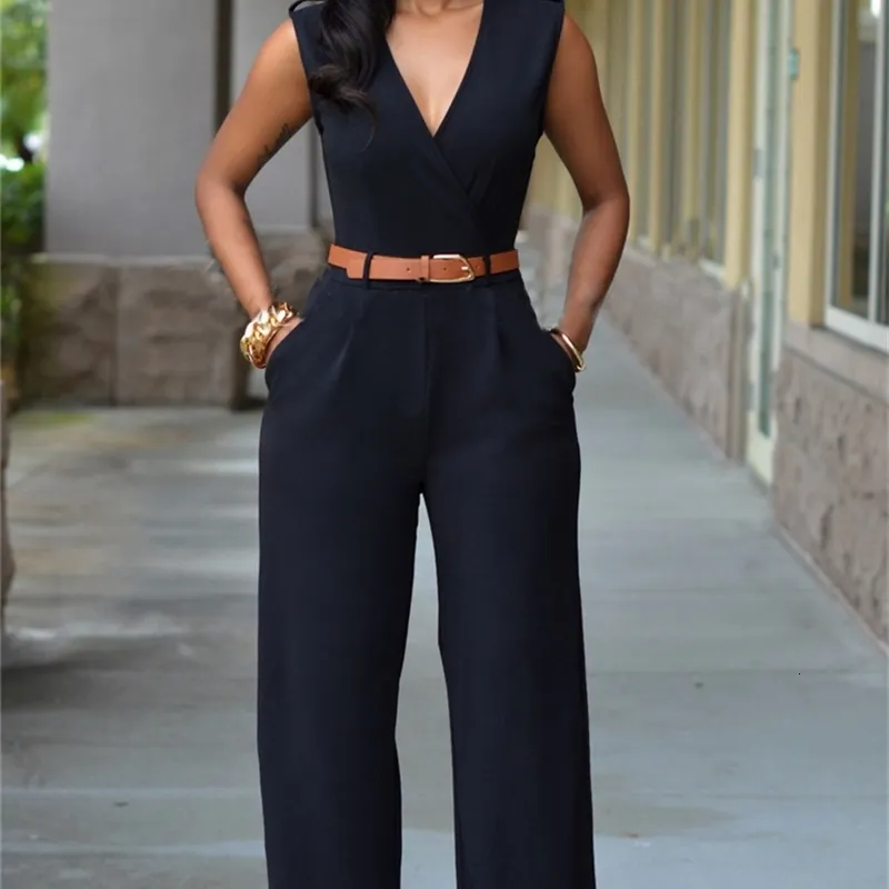 Business formal jumpsuit work clothes women's jumpsuit elegant long and deep V-neck sleeveless high waist wrapped jumpsuit fashionable street clothing 231227