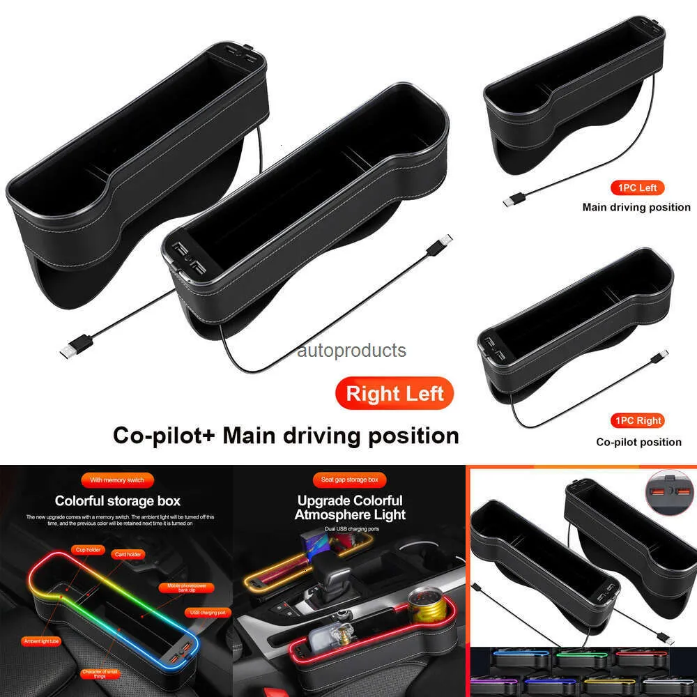 Boîte de rangement de fente de siège de voiture électronique de voiture avec 2 chargeur USB coloré LED espace de siège fente poche organisateur de siège carte téléphone bouteille porte-gobelets