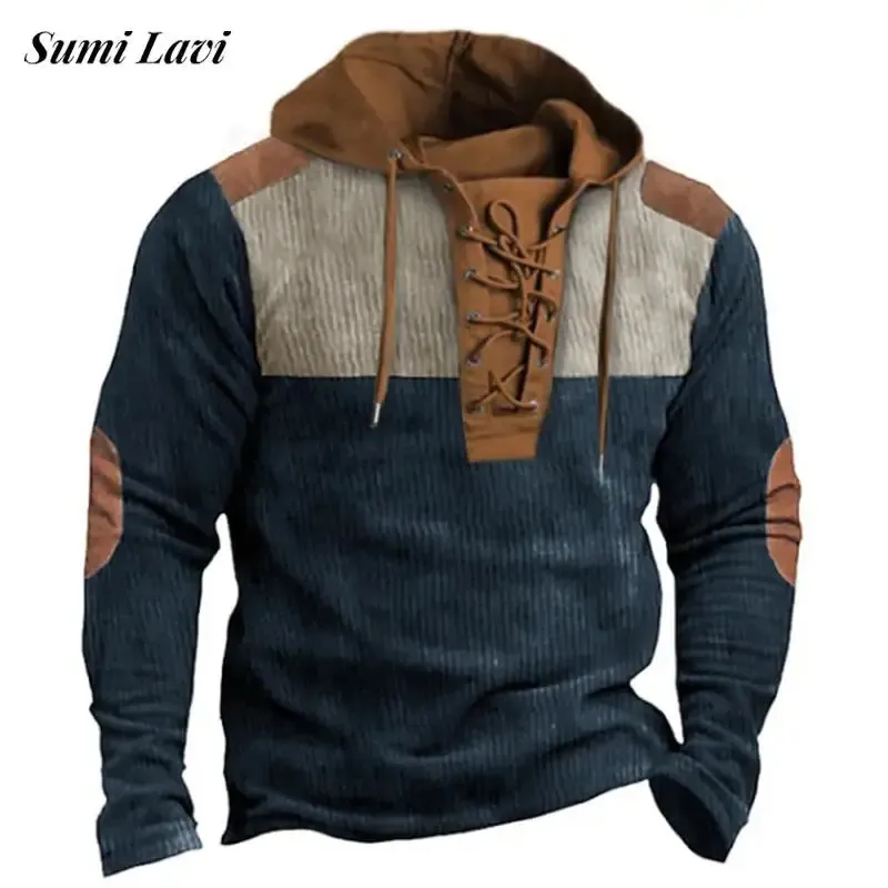 Fashion Loose Tie-up Hooded Sweatshirt Mens 2024 Spring Casual Long Sleeve Patchwork Hoodies Men Vintage Corduroy Hoodie Shirts 231226