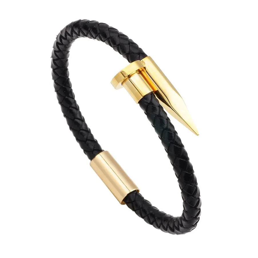 Luxe 18K vergulde roestvrijstalen bedelarmband van leer voor mannen en vrouwen Gift337f