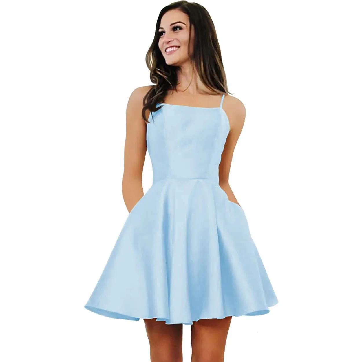 Elegante kurze satinische Heimkehrkleider mit Taschen A-Line Robe Knie Länge Spaghetti Prom Party Kleid für Mädchen 231227