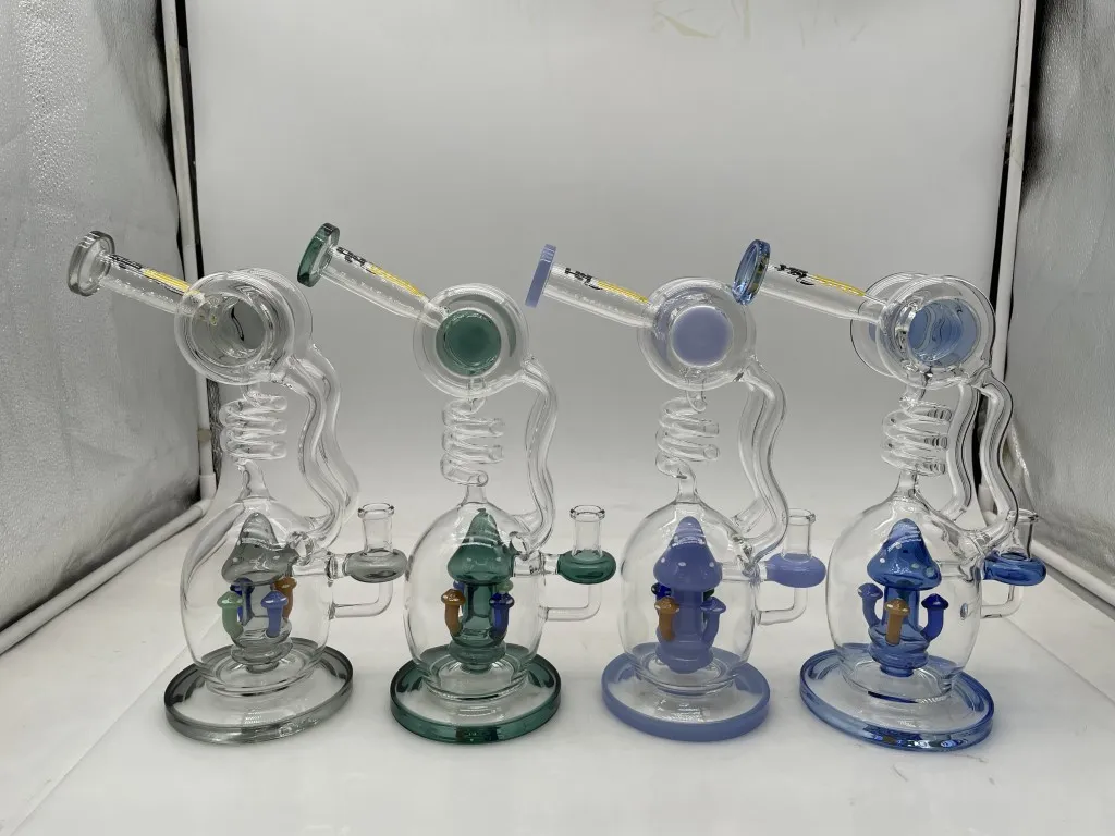 Narghilè in vetro Bong da 10 pollici Recycler i Percolatore a fungo Giunto da 14 mm con ciotola