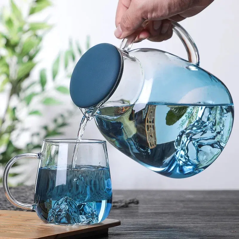 1800ml Glass Cold Water bottle With Handle Fruit Tea Cup Kettle Mountain Design High temperature heatable Jug Gradient Color 231227