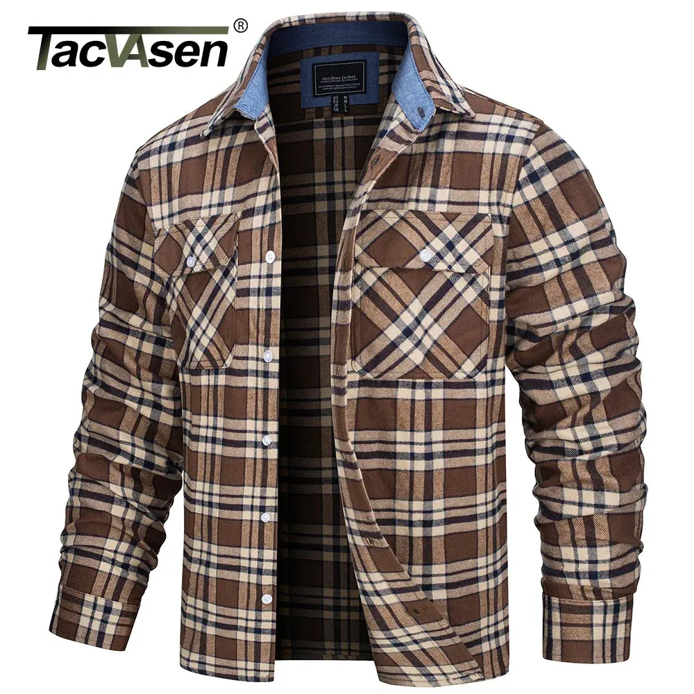 タクバセン特大の軽量シャツジャケットボタンダウンコットン格子縞のシャツメンズ長袖ストリートウェアフランネルシャツwポケット231226