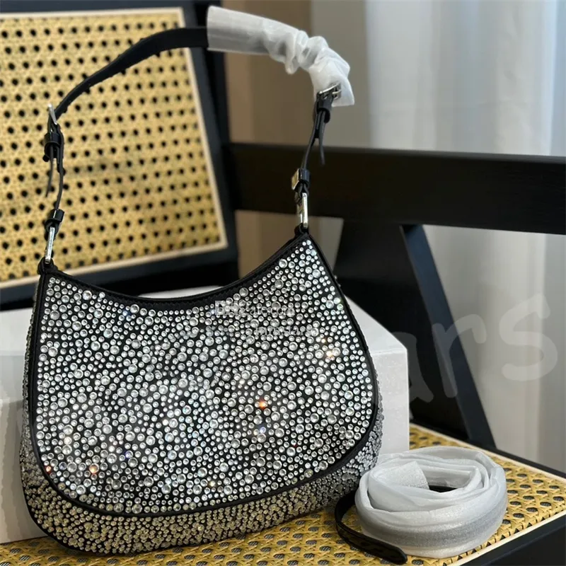 Kleine Cleo Kristall-Satin-Einkaufstasche, Designer-Handtasche, Damen-Quadrat-Geldbörse, Ledergriffe, Nylon-Umhängetasche, verstellbare Hobo-Schultertaschen