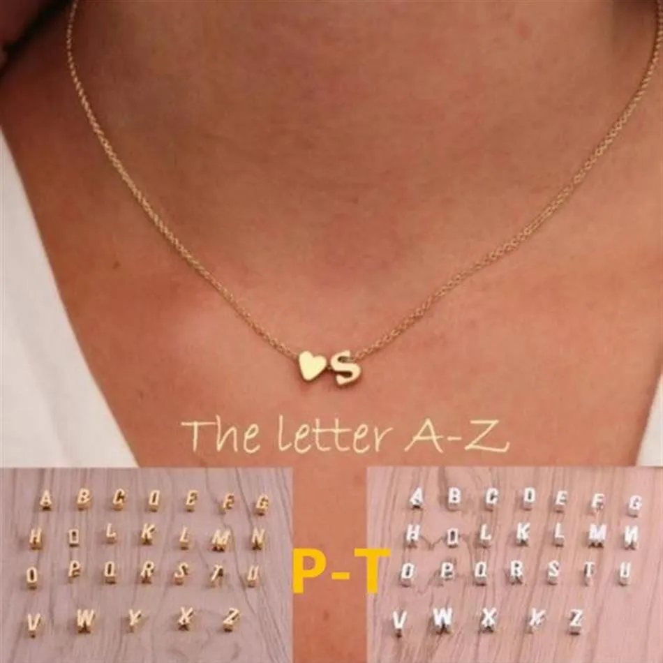 26 lettres longue chaîne de pull collier pendentif ras du cou minuscule pendentifs coeur d'amour pour les femmes collier amoureux cadeau or argent P-T3274