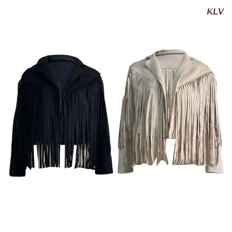 Kvinnor Punk Stylish Tassel Fringe Cropped Jacket Notched Collar Open Front Moto Faux Suede Leather Biker Streetwear Coat 231226