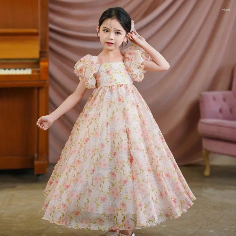 Vestidos de niña Vestido floral para niñas Temperamento dulce Princesa Princesa Niños Cumpleaños de verano Cierre de manga