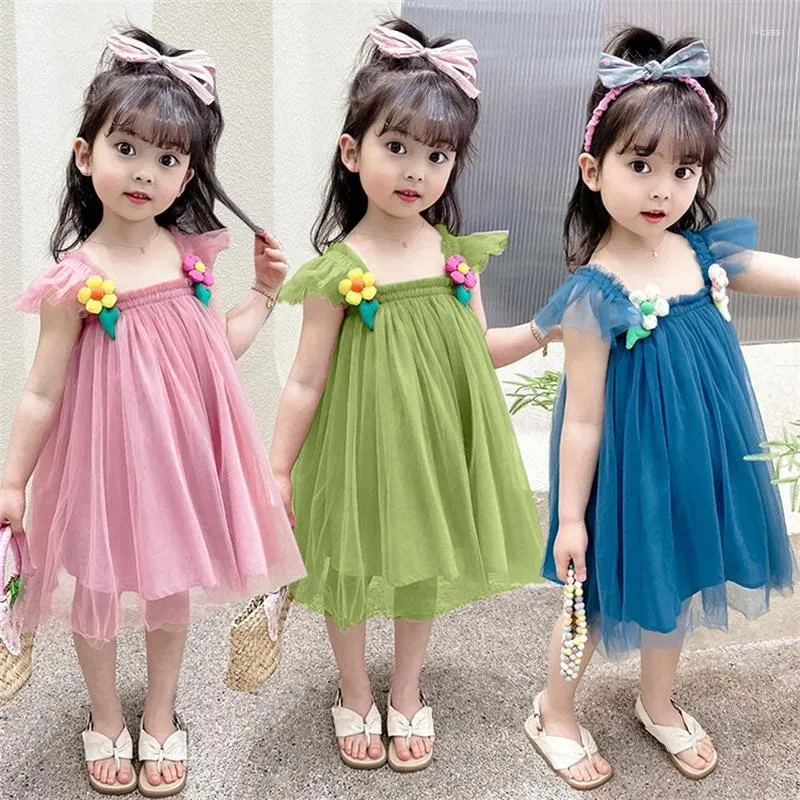 Mädchenkleider Mädchen Kleid 3d Blumennetz Garn Sundress für Baby Kinder Sommer Bittere Fleamsrock Rock Party Prinzessin Kinder Kleidung Kleidung