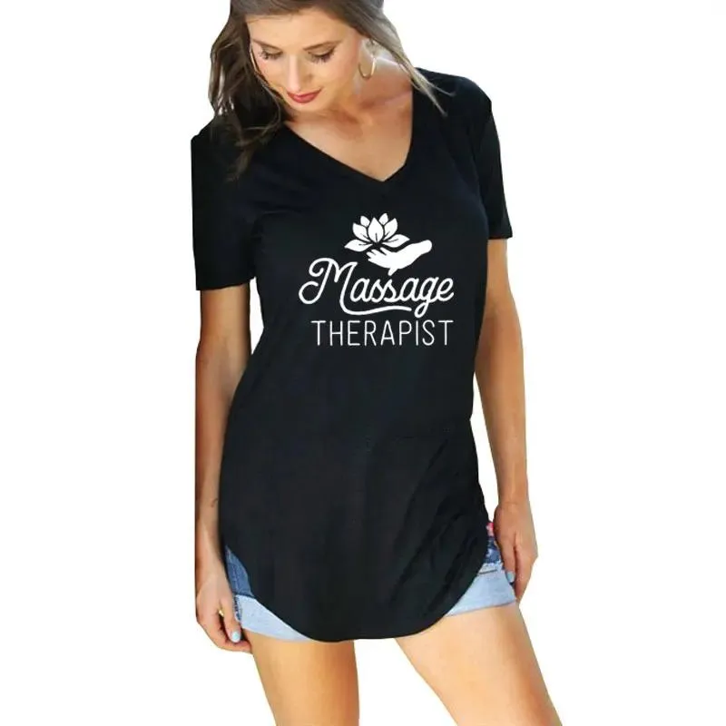 T-Shirt Massage Therapist Print Cotton Casual Tshirt Women Funny T Shirt for Lady Casual Loose Cotton Short Sleeve VNeck Tee Tops