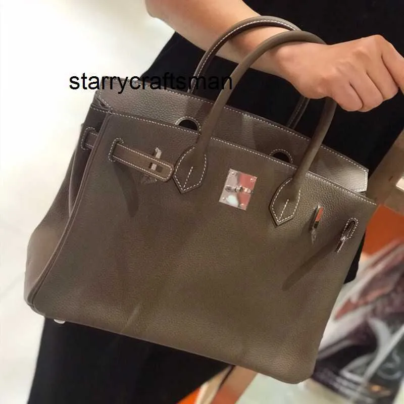 Leather Handbag 10a Family Bag Female Fashion Original Factory Togo Calfskin Pattern 25 30 35 Elephant Grey Female Bag