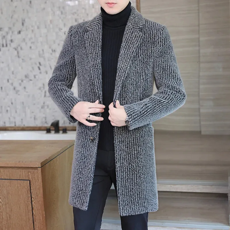 High-end sensação masculina moda bonito todo casaco de lã terno colarinho longo trench coat casaco de lã grosso casual jaqueta de inverno masculino 231226