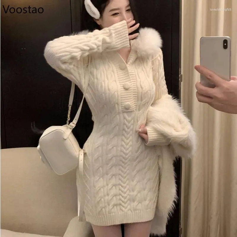 Women's Sweaters Autumn Winter Elegant Women Sweater Christmas Red Slim Fur Patchwork Hooded Knitted Dress Female Korean Knitwear Hoodie