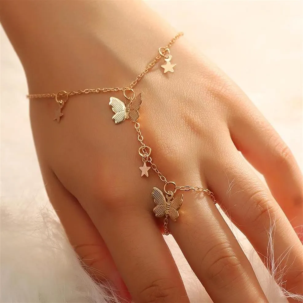 Charme Armbänder Design Gold Farbe Stern Schmetterling Armband Für Frauen Mode Verbunden Finger Auf Hand Weibliche Ring Boho Schmuck Geschenk324u