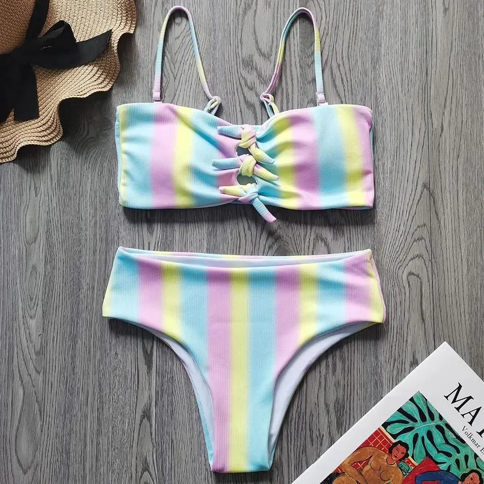 Set 916y gökkuşağı çizgili kız mayo çocuklar iki parça çocuk mayo kravat genç kız bikini set bandeau kızlar mayo