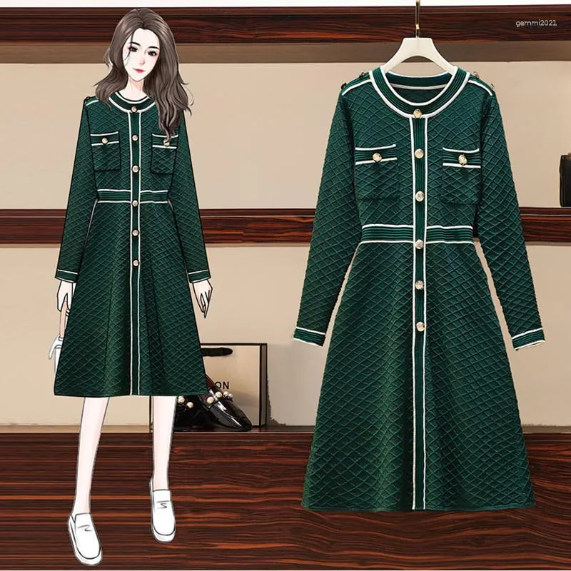 Casual Dresses Designer Women Single Breasted Sweater Dress Spring Autumn Green Plaid Sticking Bright Silk Vestido Plus Size