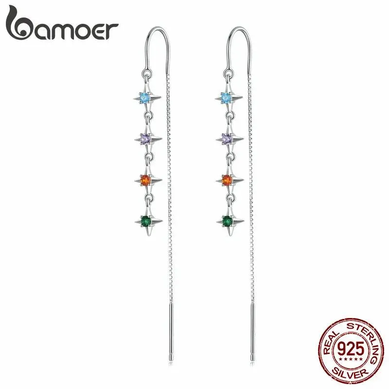Stud Bamoer 925 Sterling Silver Starry Colored Zirconium Ear Threads for Women Long Tassel Earrings Fine Jewelry Beach Party Gift