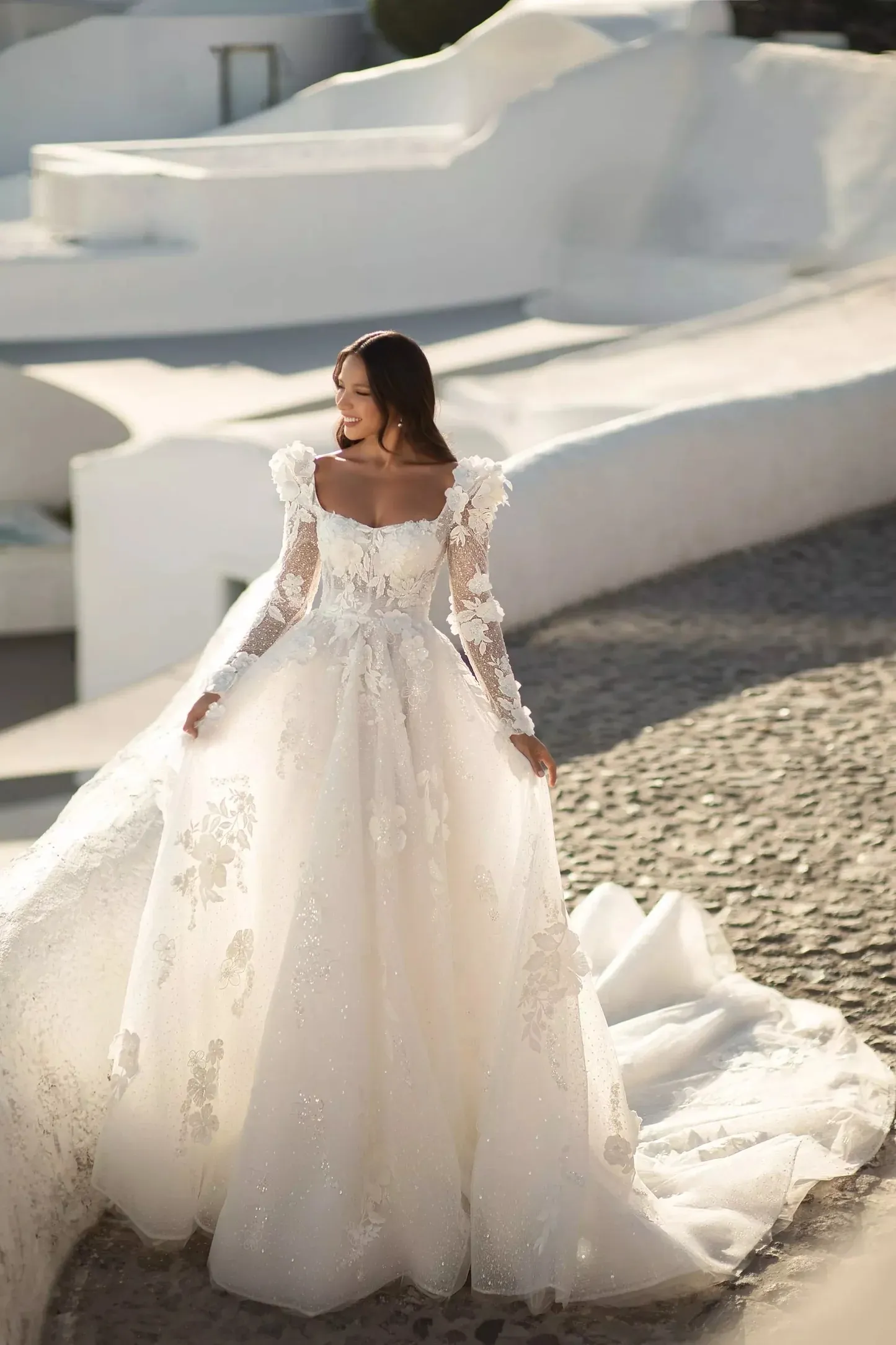 Robe De Noiva Une Ligne Robes De Mariée 2024 Col Carré Robe De Mariée Dos Nu Avec Manches Longues Paillettes 3D Fleur Appliques Robe De Mariée