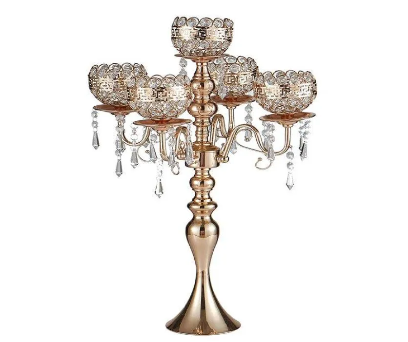 Tall 5arms Metal rose Gold Candelabras With Pendants Romantic Wedding Table Candle Holder Home Decoration7116303